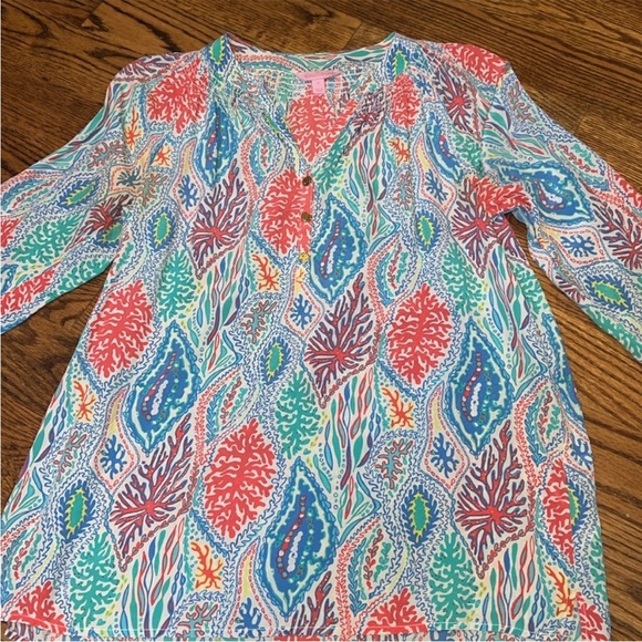 Lilly Pulitzer Multicolor Printed Peasant Tunic - Blue, Coral, Green - Picture 2 of 5